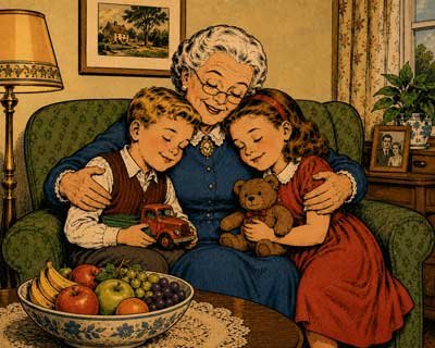 Enkelkinder am Schoss der Oma sitzend mit Spielsachen in der Hand